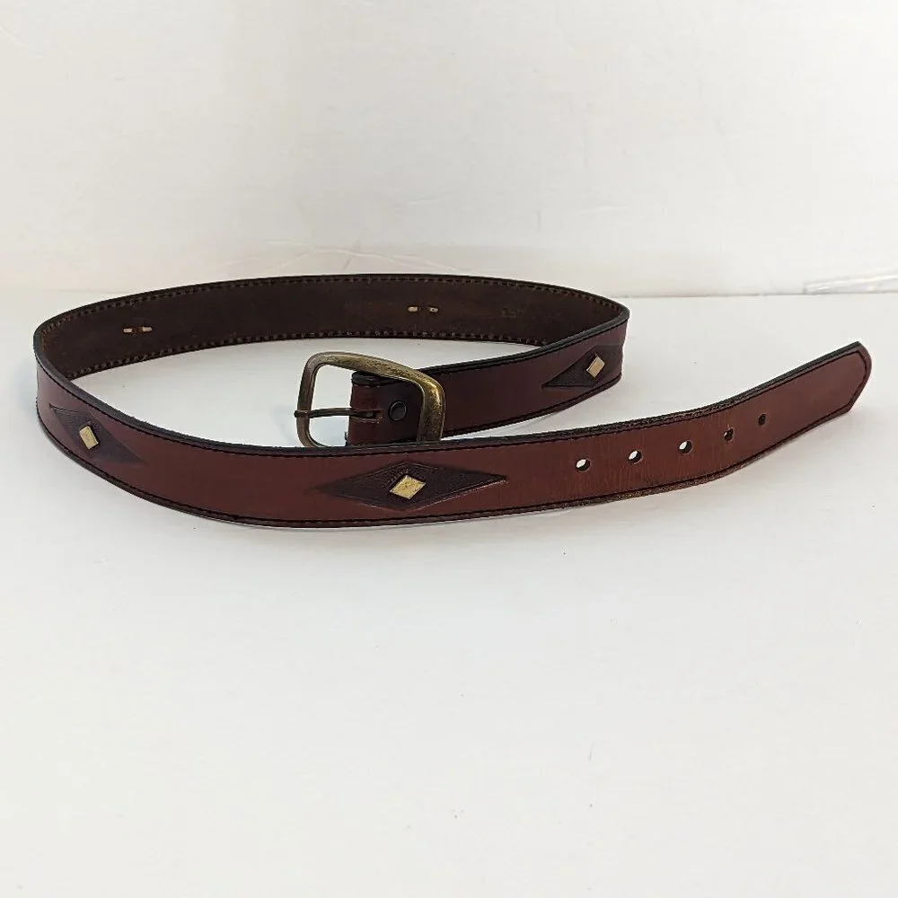 Western Leather Belt Diamond Pattern Geometric Bronze Tone Hardware‎ Vintage